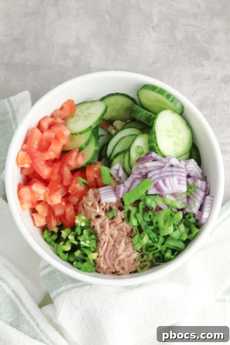 Keto Mexican Tuna Cucumber Salad Ingredients in a Bowl