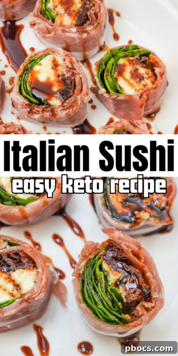 Pinterest pin for Keto Italian Sushi recipe with hashtags