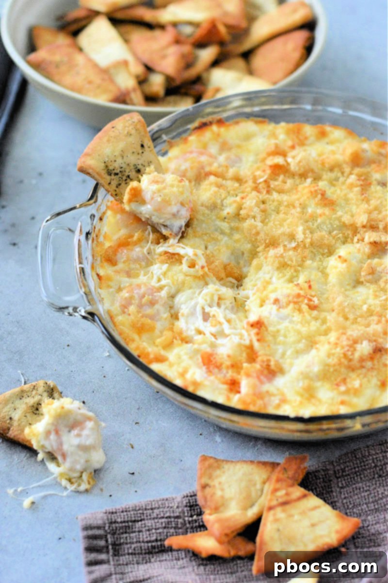 Creamy Keto Shrimp Scampi Dip in a baking dish, ready to be served