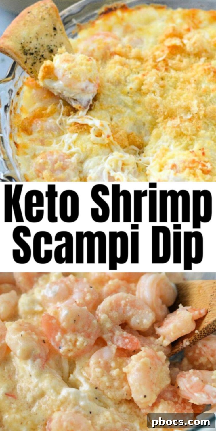 Promotional image for Keto Shrimp Scampi Dip with hashtags