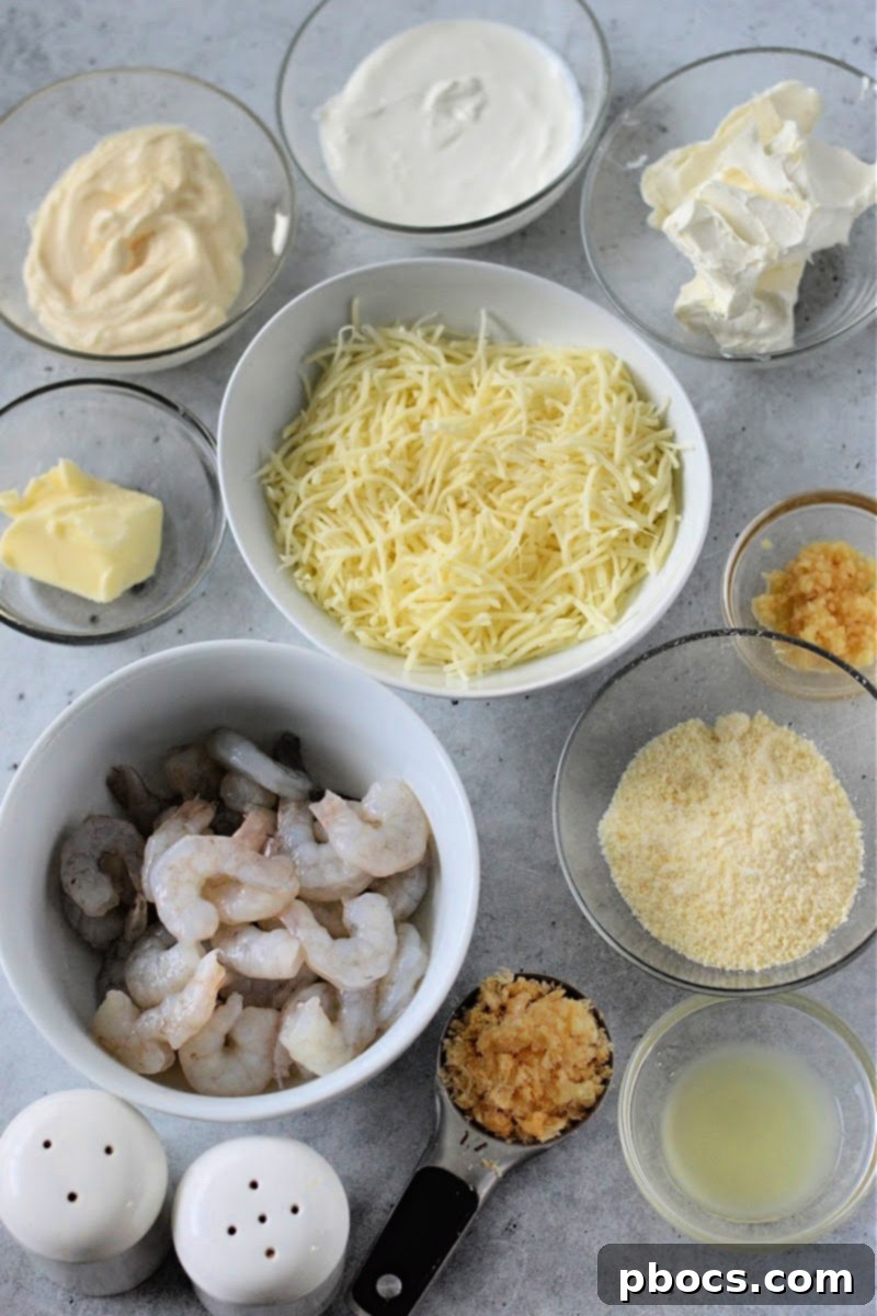 Ingredients for Keto Shrimp Scampi Dip laid out on a counter