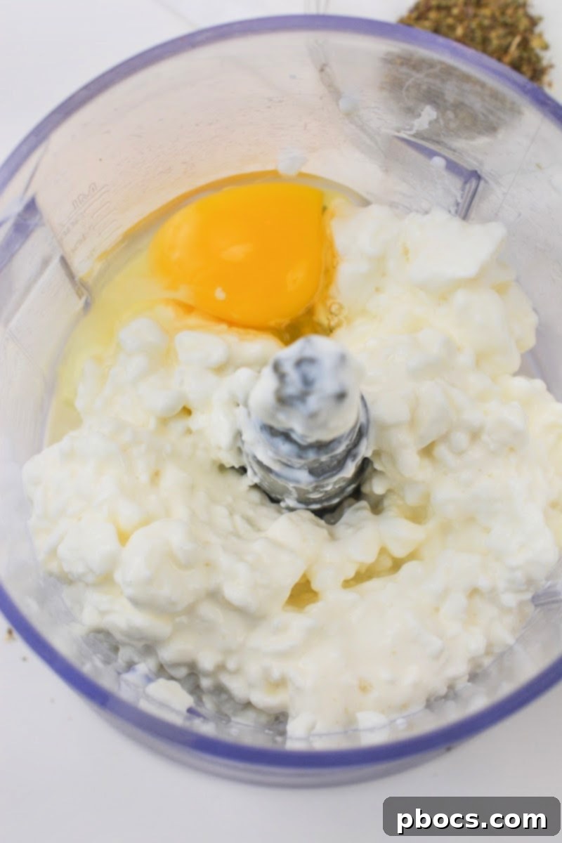 Cottage cheese and an egg in a food processor