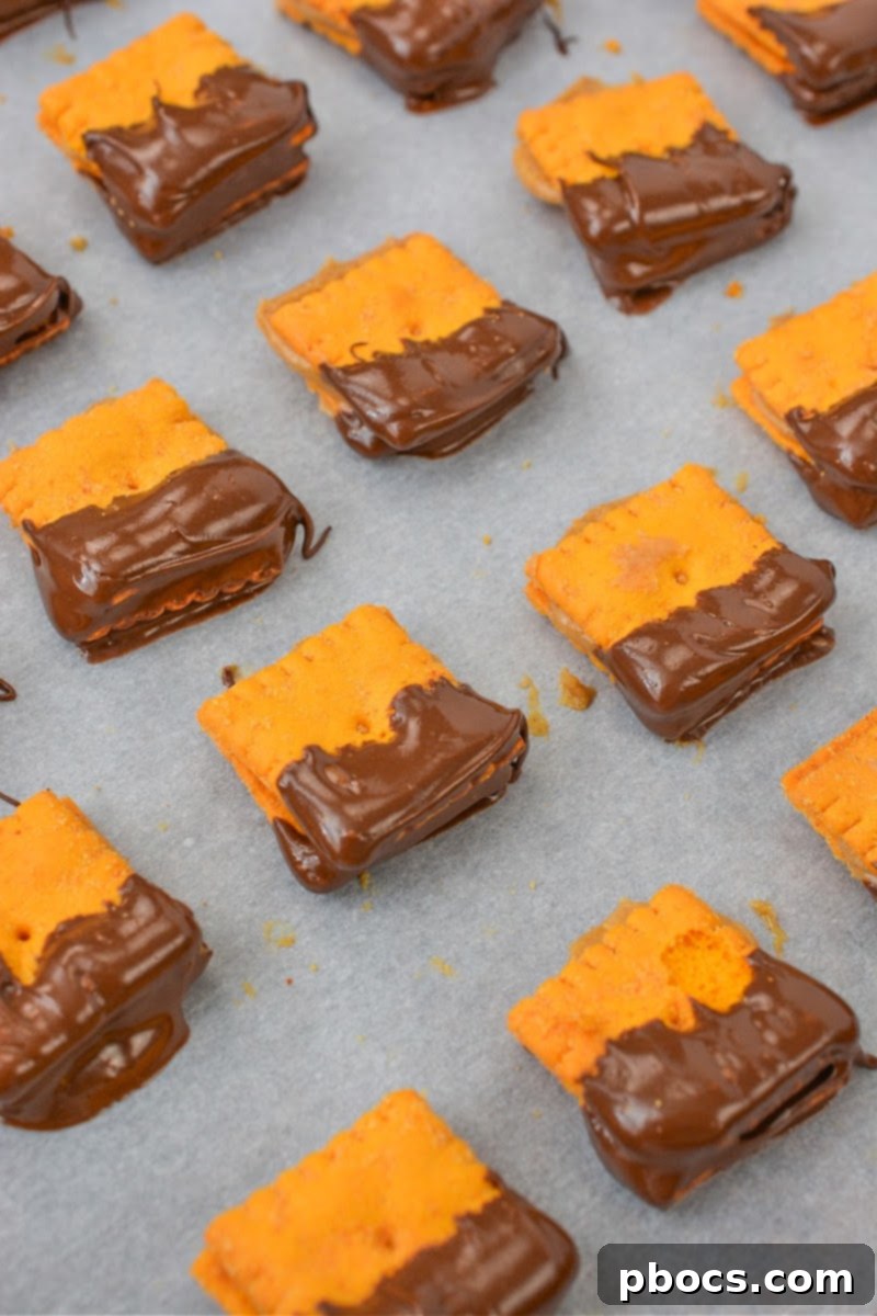 Keto Peanut Butter Chocolate Cheese Bites 12 Freshly dipped crackers on a baking sheet
