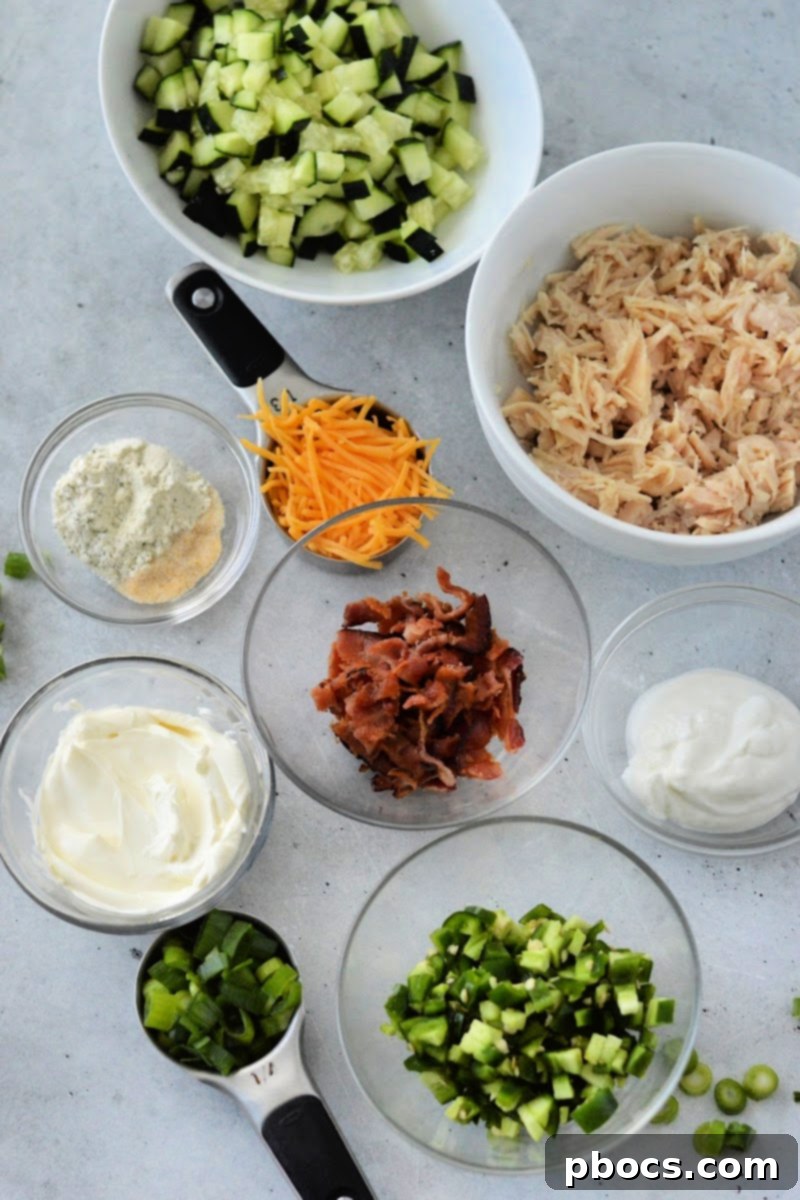 Ingredients for Keto Jalapeno Popper Chicken Cucumber Salad