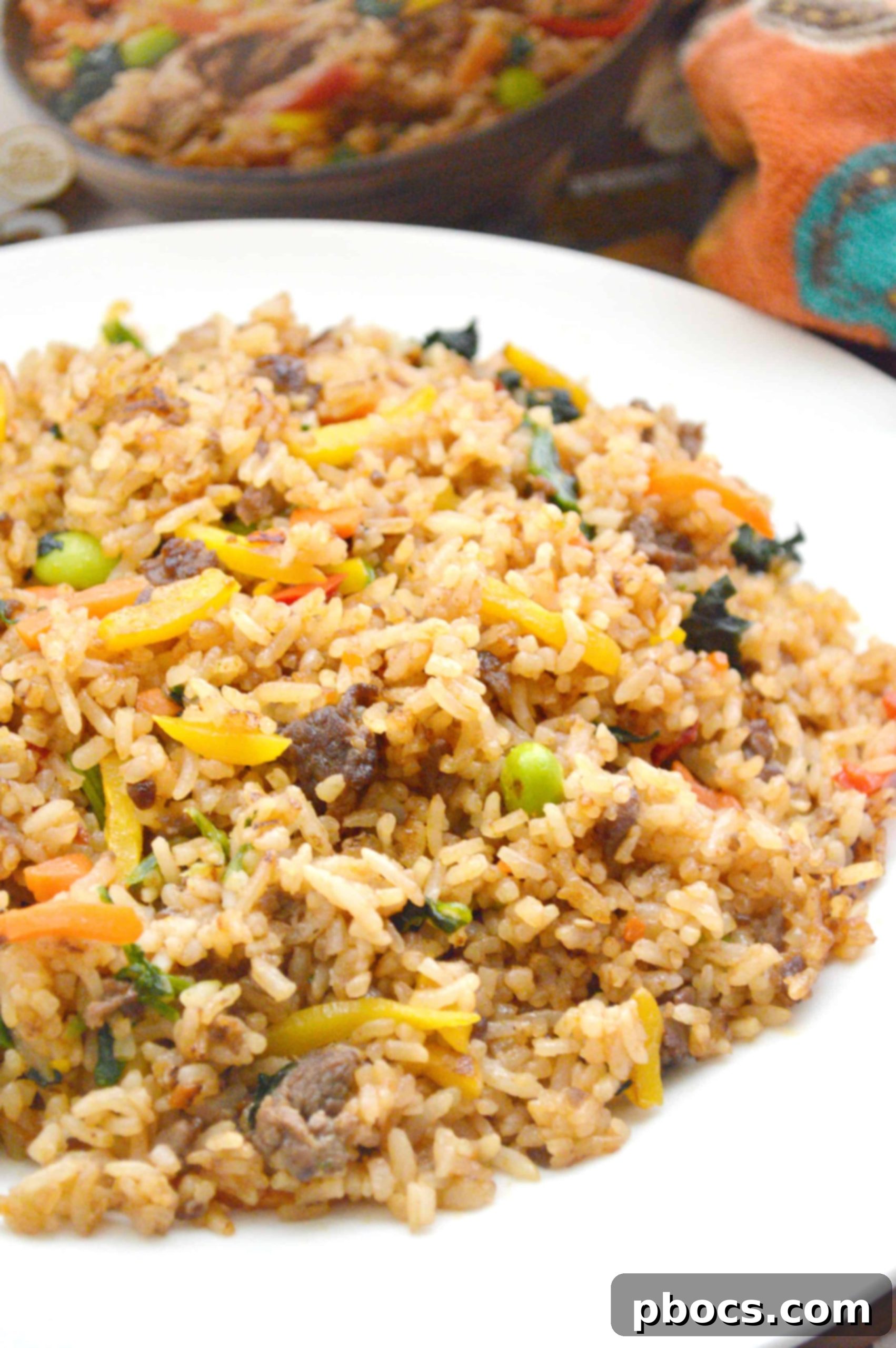 A close-up of Ling Ling Fried Rice with fresh ingredients and vibrant colors