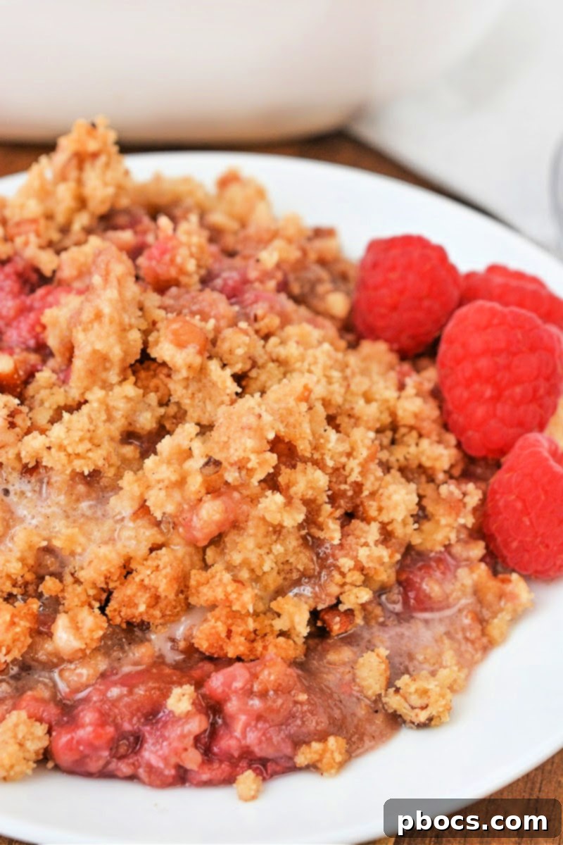 Close-up of baked Low Carb Raspberry Crumble