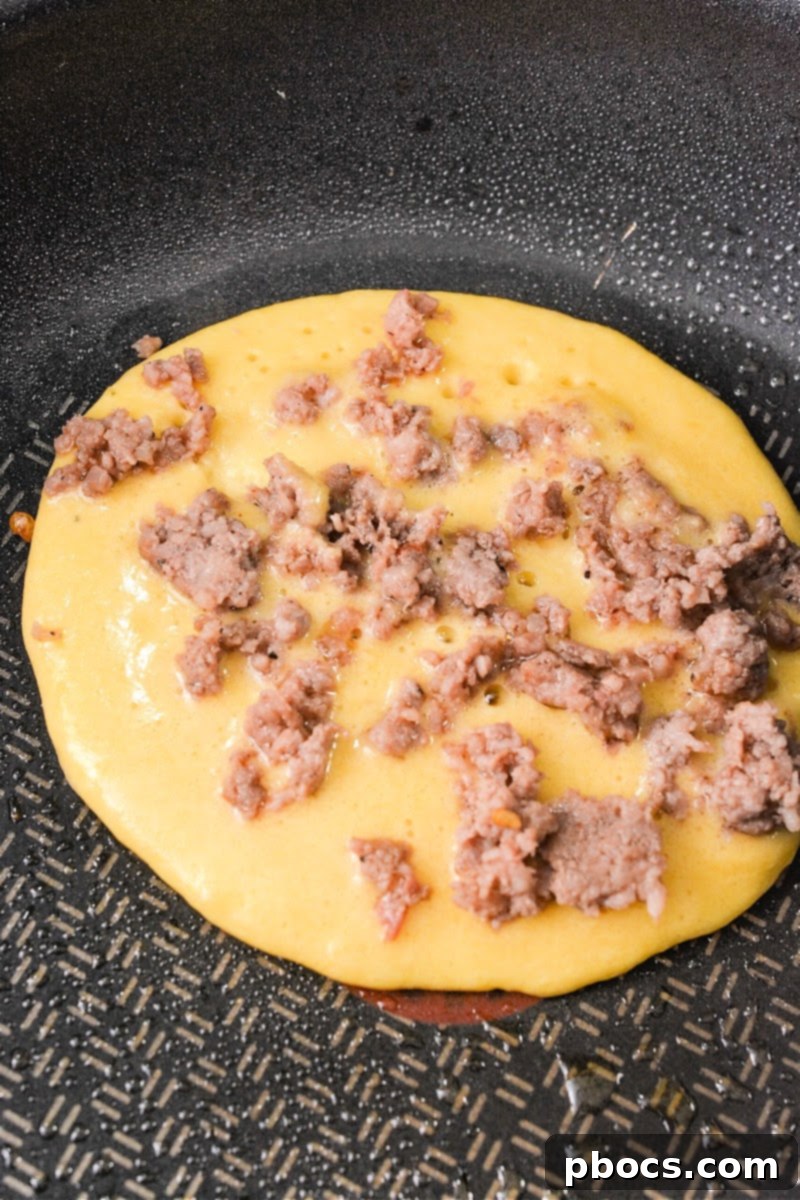Protein-Rich Low Carb Cottage Cheese Pancakes with Sausage 11 Adding sausage to the pancake batter