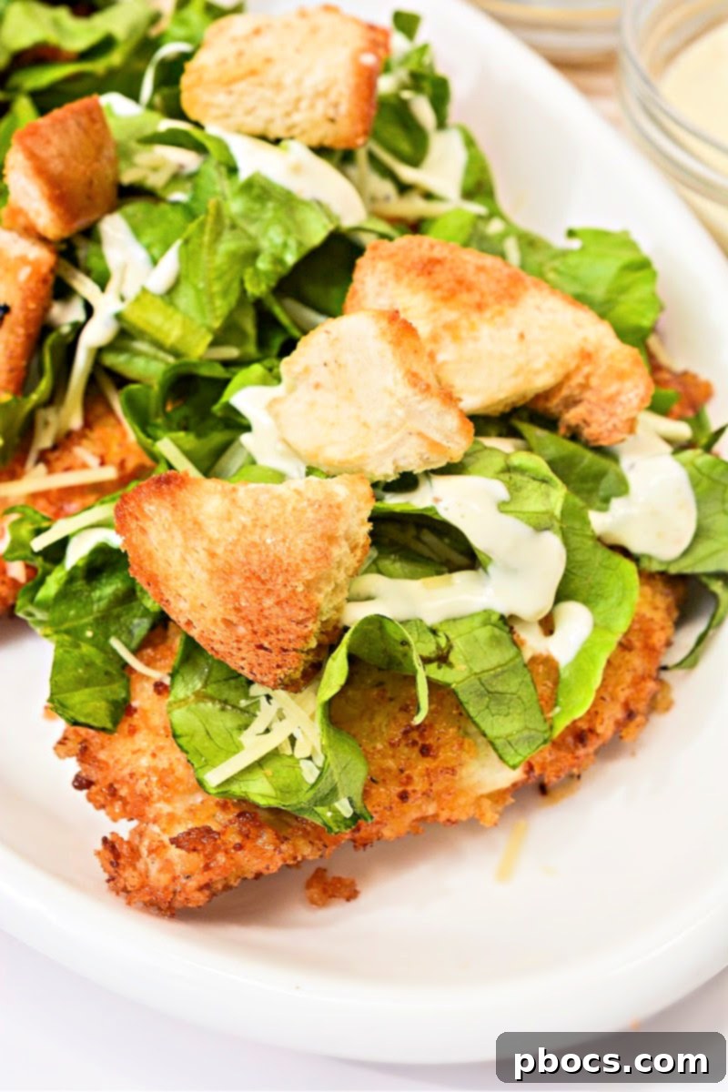 Close-up of crispy fried Keto Chicken Caesar Cutlets