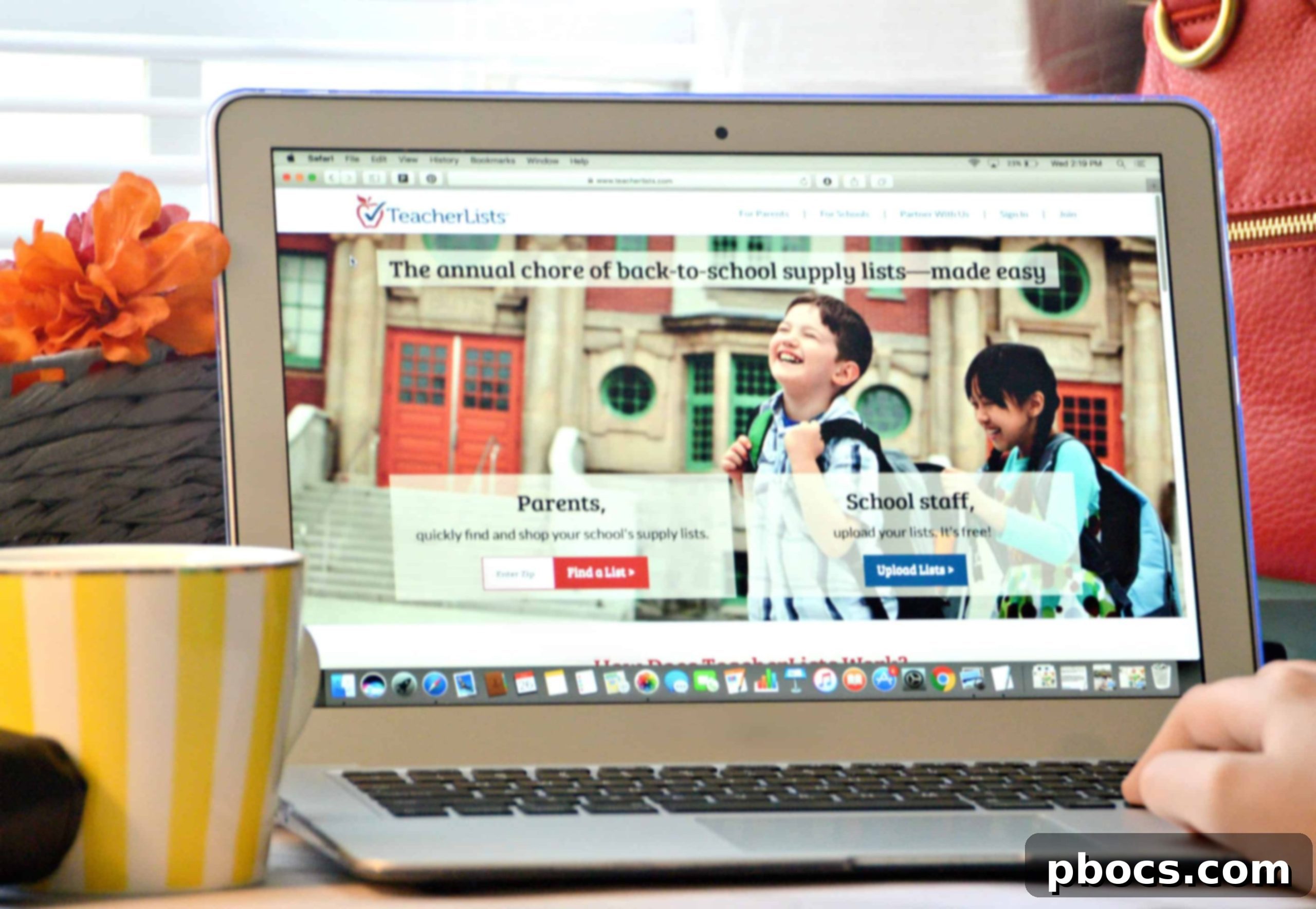 A parent looking at a tablet, smiling, with school supplies scattered around, symbolizing easy back-to-school shopping with TeacherLists.com
