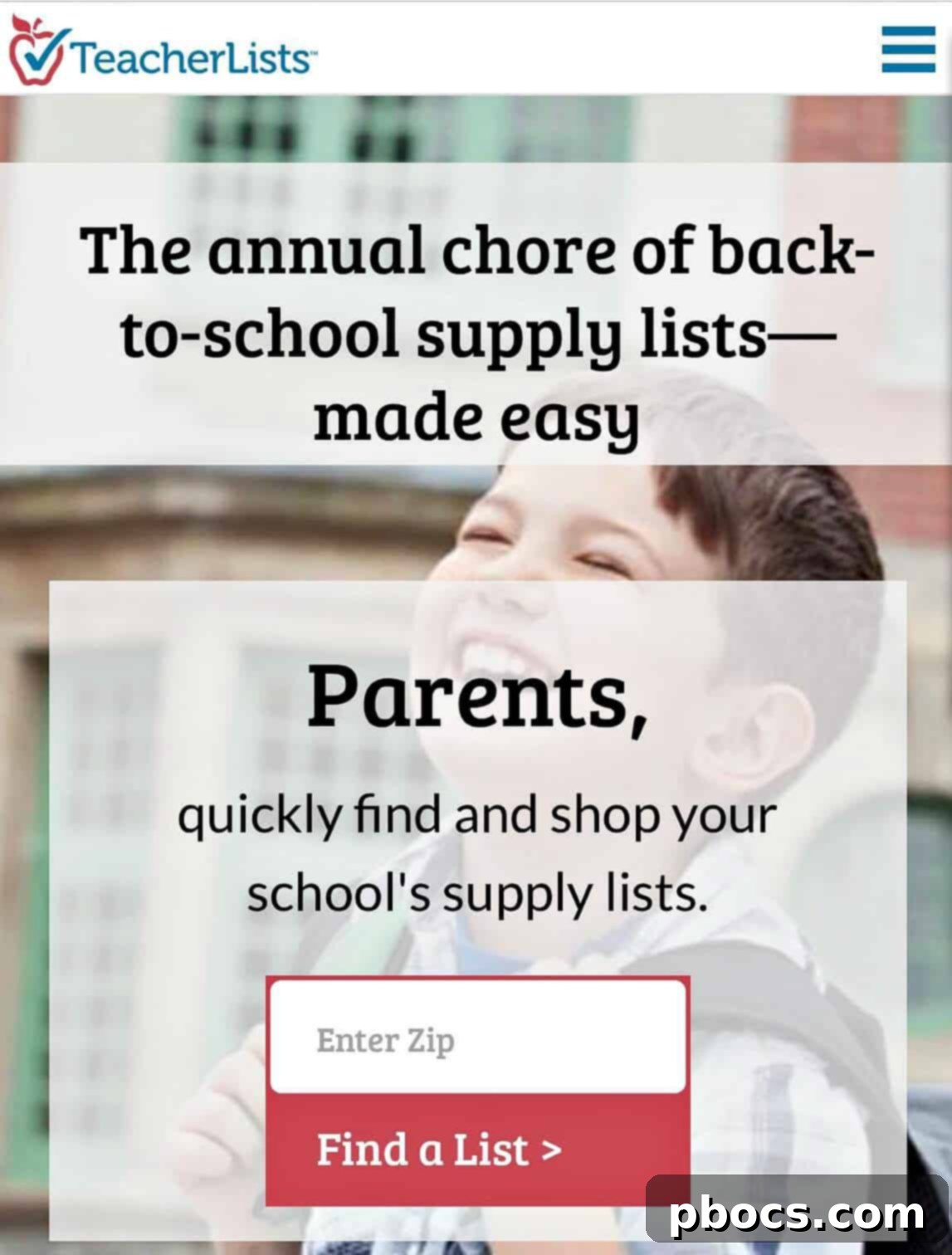 Screenshot of TeacherLists.com showing school and grade selection, with the tagline "work smarter, not harder" in the title attribute