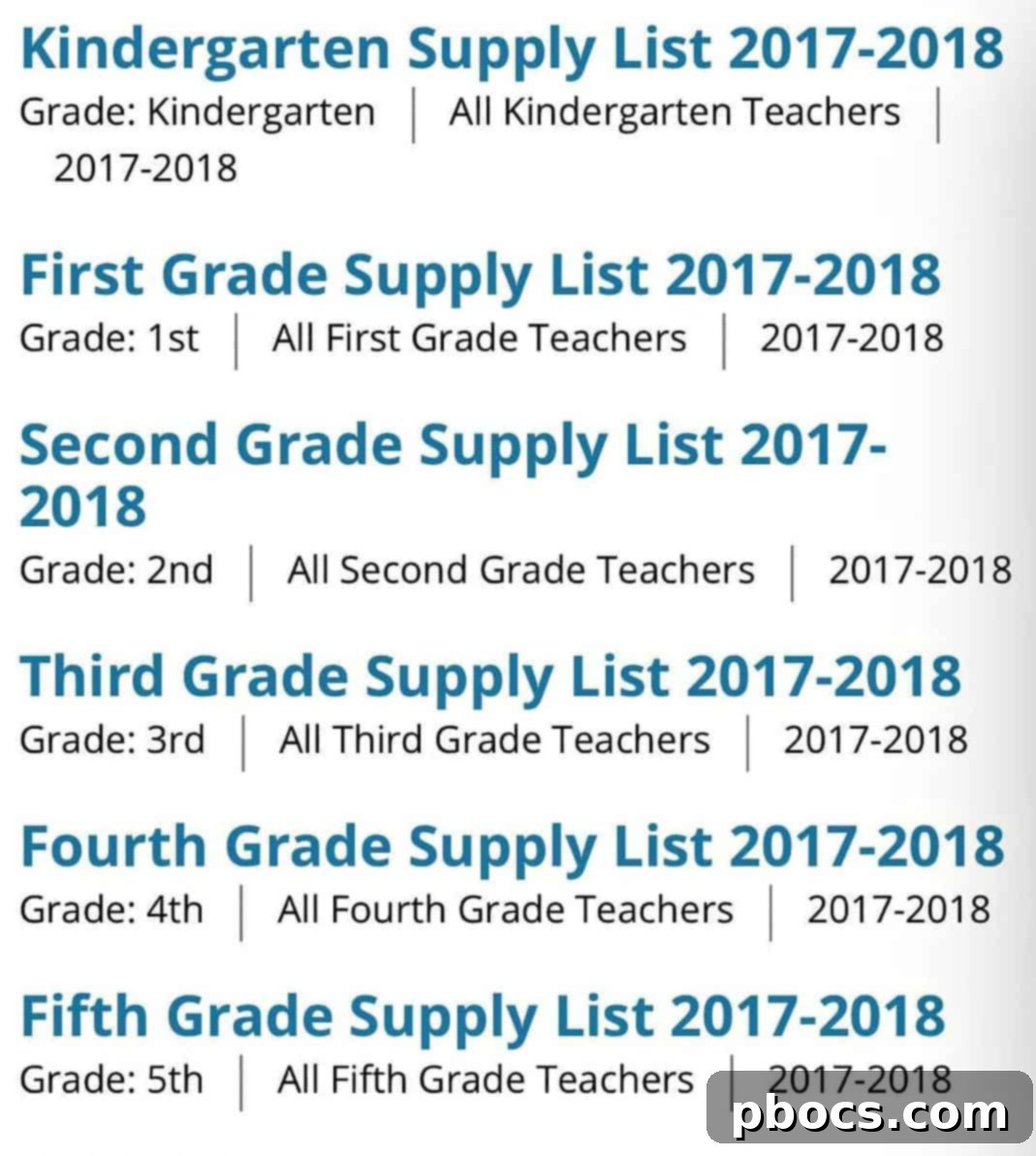 Screenshot of a retrieved school supply list on TeacherLists.com, showing individual items