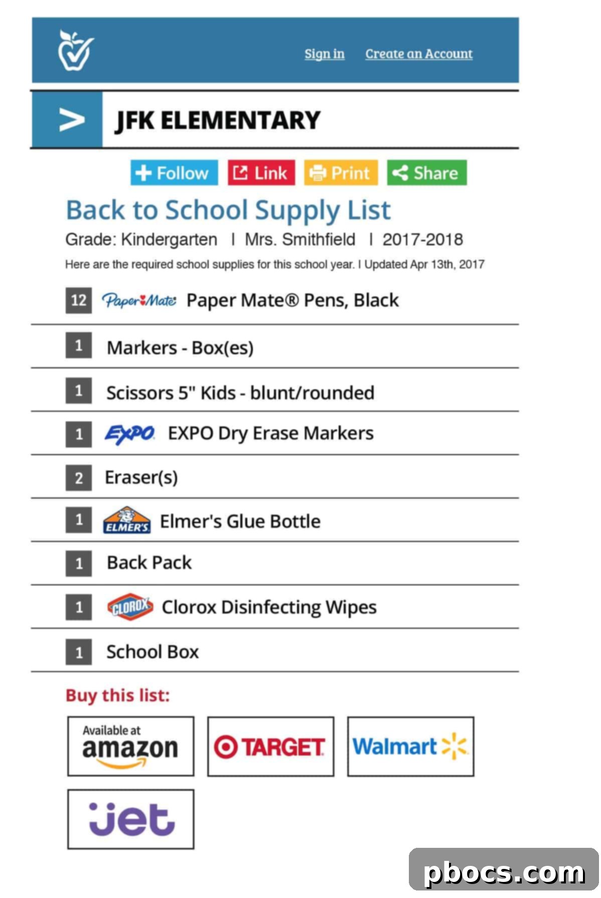 Screenshot showing various online retailers like Walmart, Target, Amazon integrated with TeacherLists.com for easy purchase