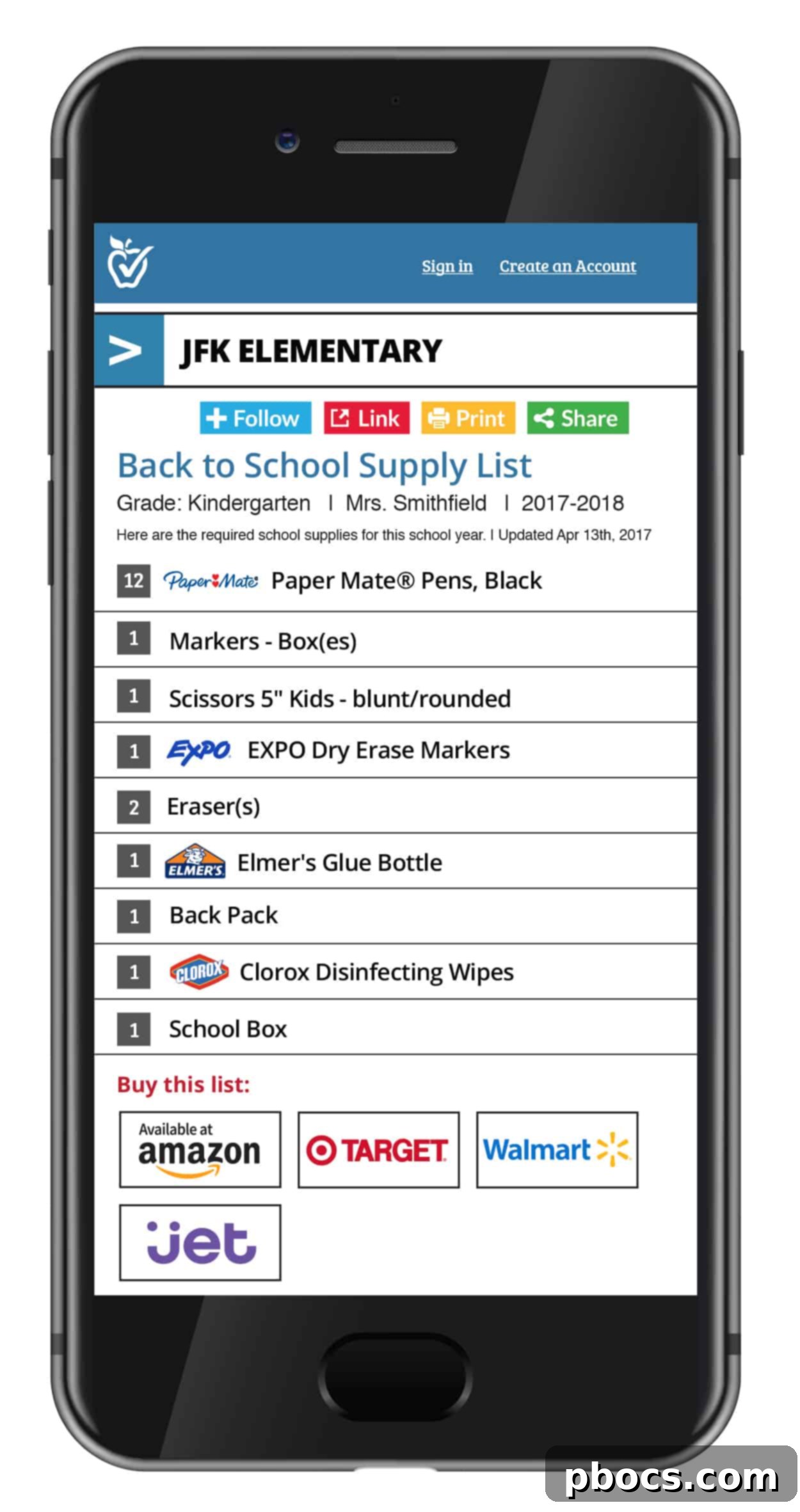 Screenshot detailing the contents of a shopping cart with school supplies on an integrated retailer's website via TeacherLists.com