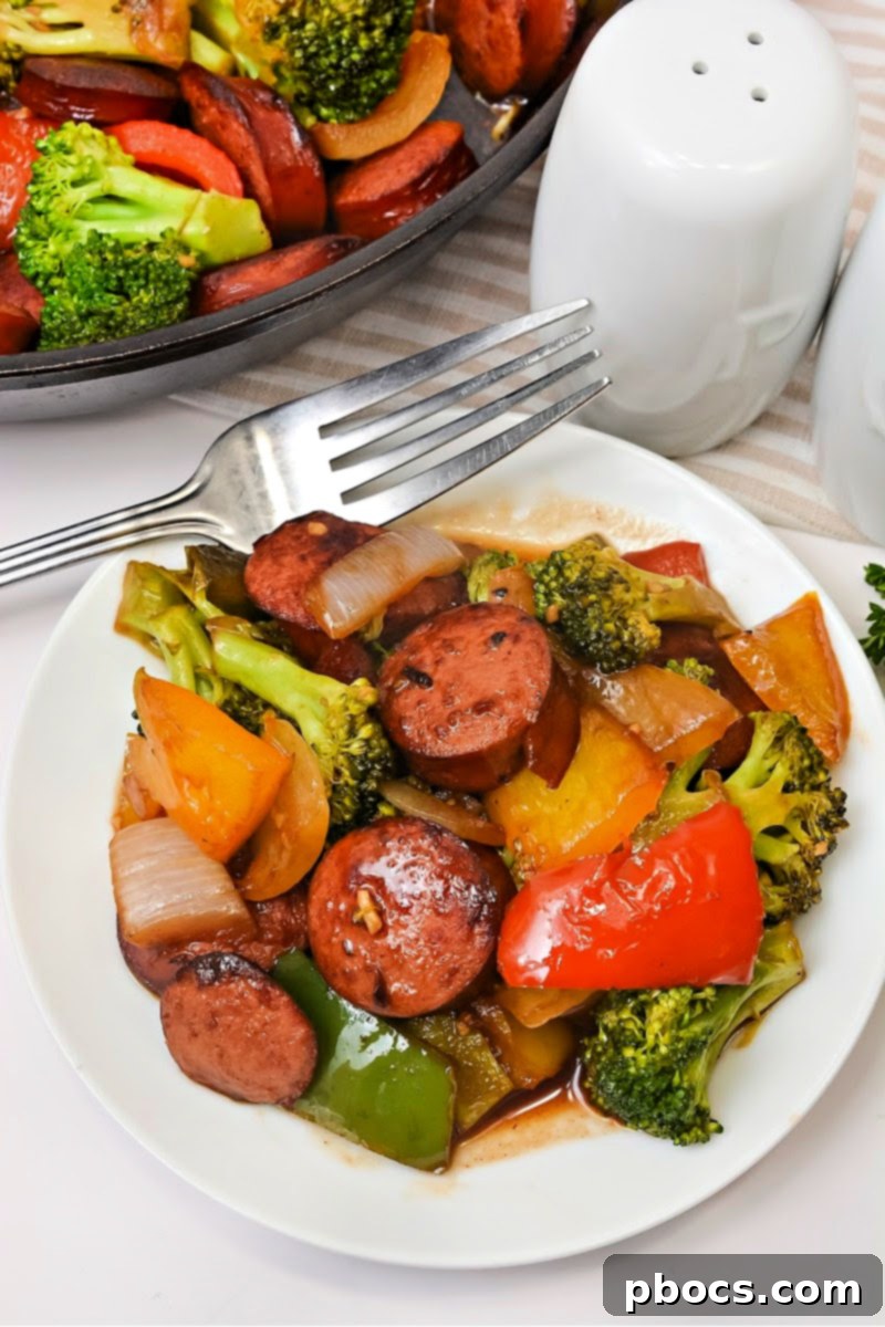 Delicious Low Carb Asian Sweet and Sour Kielbasa with vibrant vegetables and a rich sauce