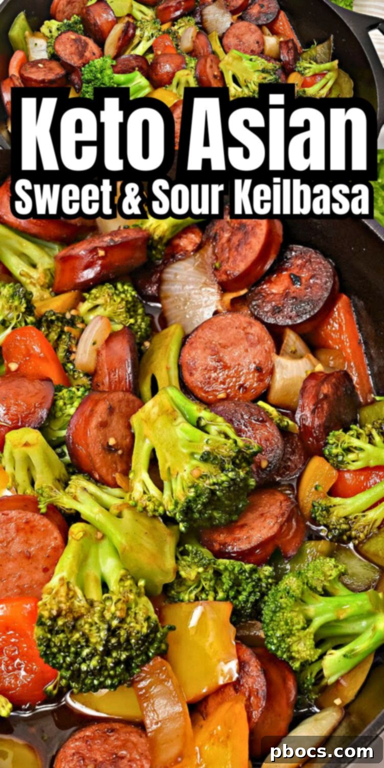 Pinterest graphic featuring Low Carb Asian Sweet and Sour Kielbasa and Chicken for saving