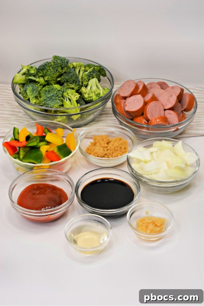 All ingredients laid out for Low Carb Asian Sweet and Sour Kielbasa preparation
