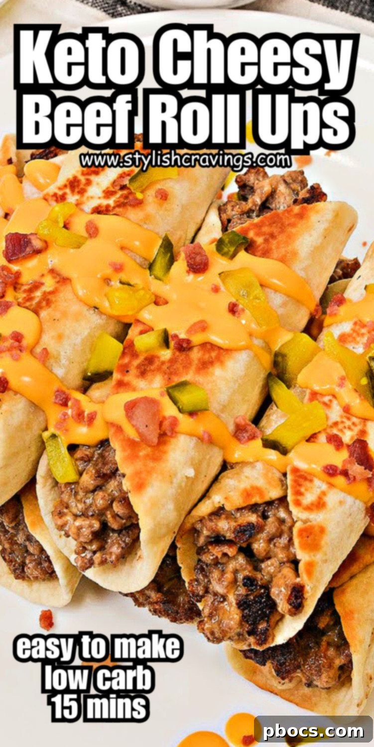 Keto Beef & Cheese Spirals 14 Keto Cheesy Beef Roll Ups recipe pin for Pinterest, featuring a stack of roll-ups with toppings. Keywords: #ketocheesybeefrollups #cheesybeefrollups #lowcarbburger #ketomeals
