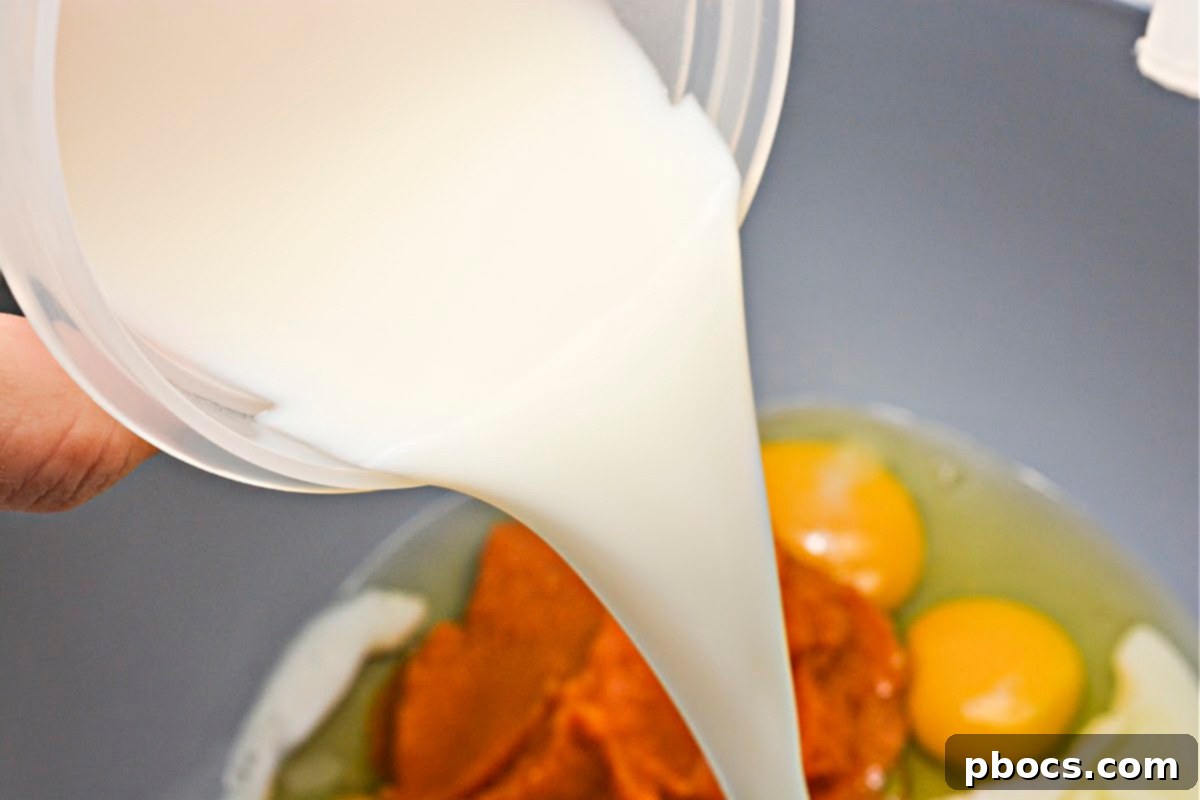Whisking the pumpkin custard mixture for French toast bake