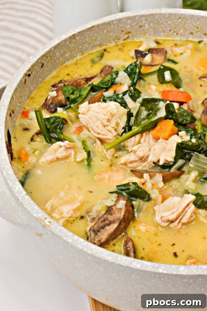 A bowl of Low-Carb Autumn Chicken and Rice Soup ready to be served