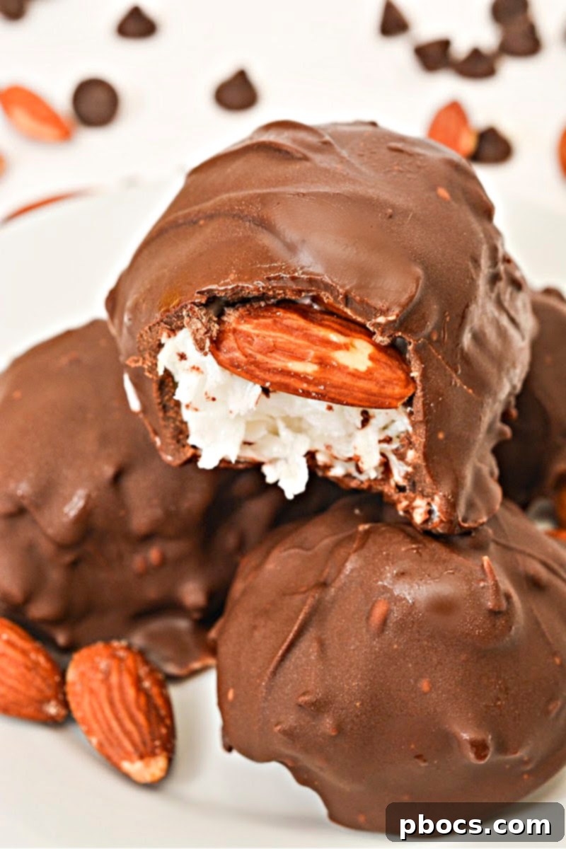 Keto Coco-Almond Bliss Bites 3 Two Keto Almond Joy Clusters on a white background, highlighting their rich texture