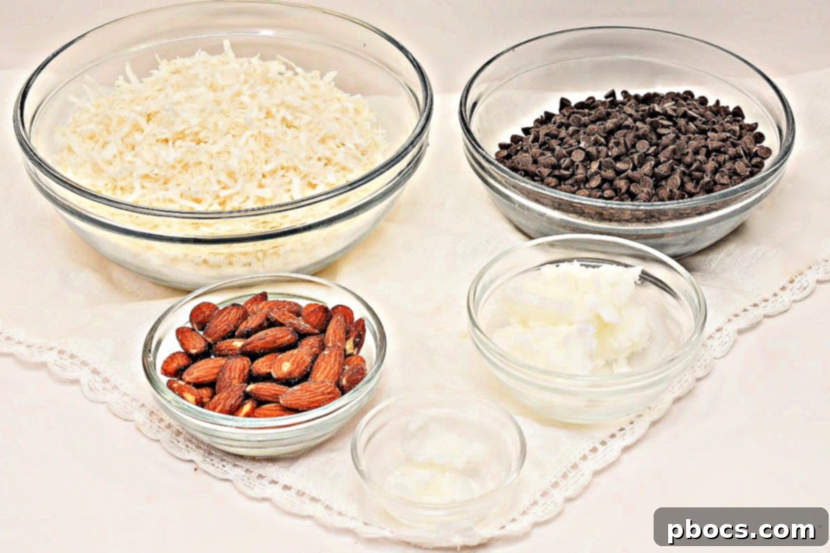 Keto Coco-Almond Bliss Bites 4 A selection of the few, simple ingredients needed for homemade Keto Almond Joy Clusters