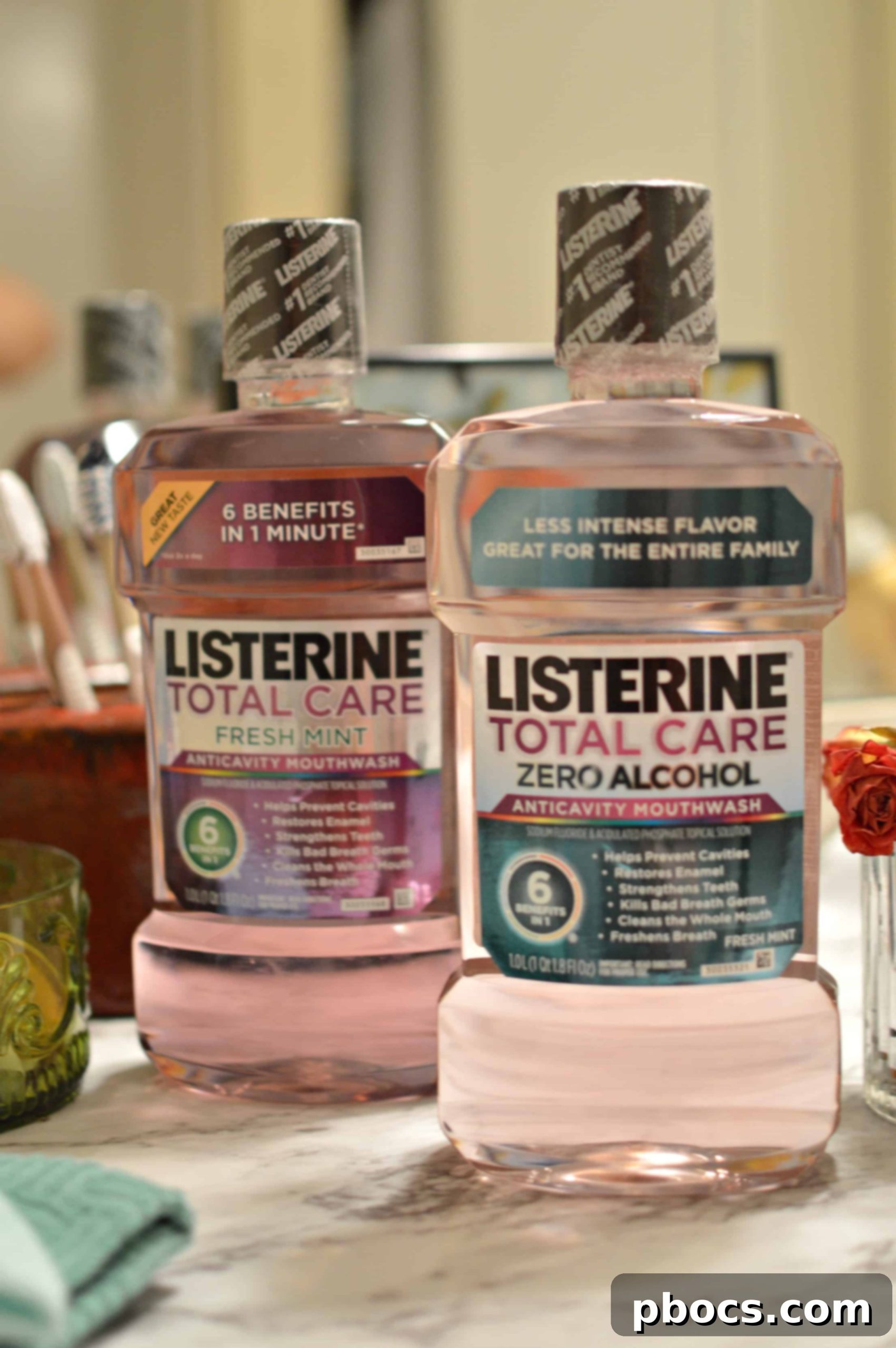 LISTERINE® TOTAL CARE mouthwash on a clean bathroom counter
