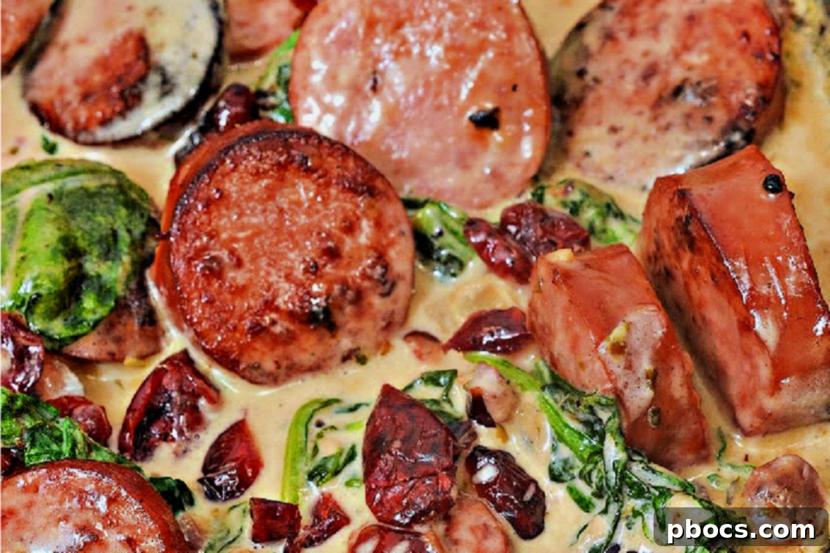 Step 5: Combining kielbasa with the finished cheesy sauce