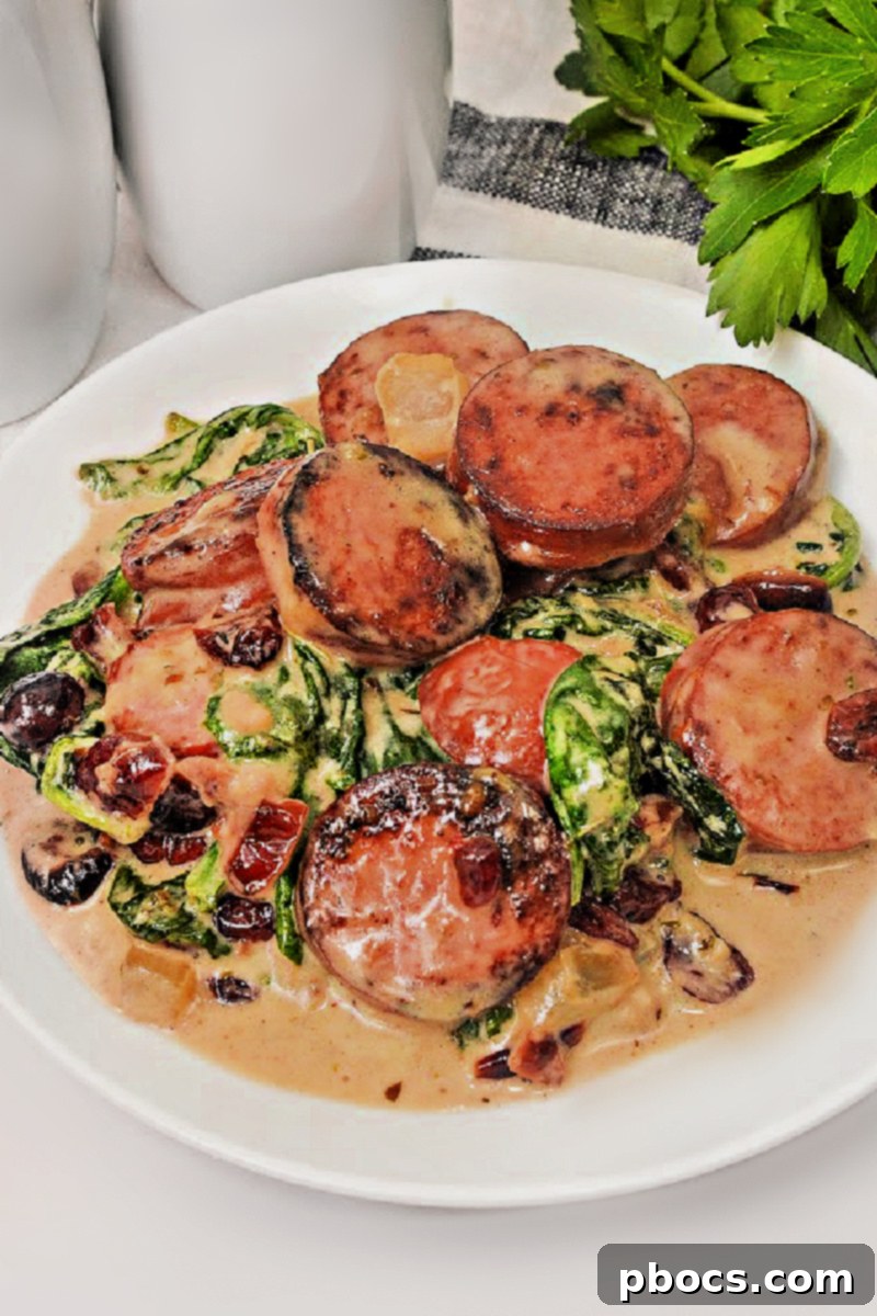 Close-up of Cheesy White Cheddar Kielbasa Skillet showcasing vibrant spinach and cranberries
