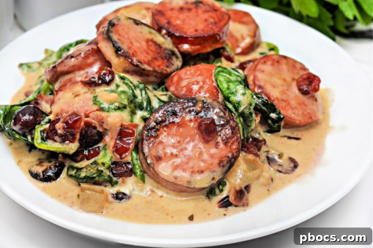 Serving of Low Carb Cheesy White Cheddar Kielbasa Skillet with a side