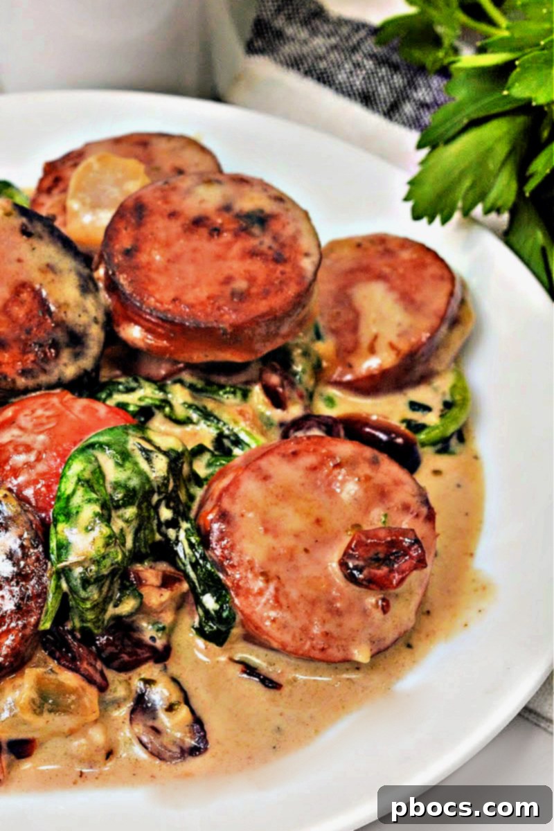 Low Carb Cheesy White Cheddar Kielbasa Skillet with a variety of vegetables