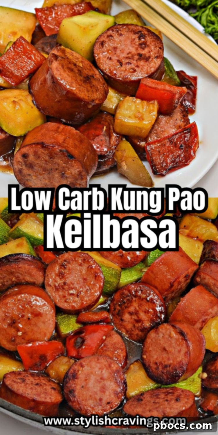 Keto Kung Pao Kielbasa recipe image for Pinterest