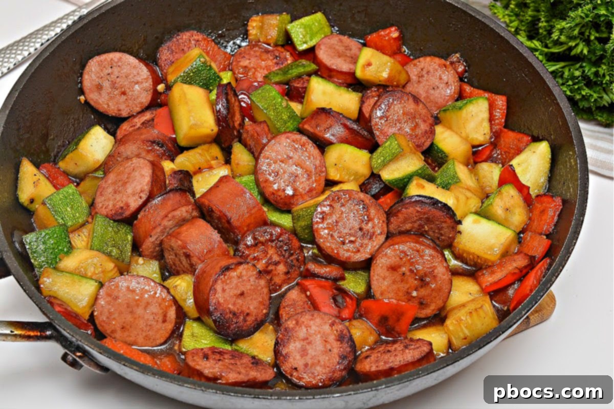 Close-up of Keto Kung Pao Kielbasa in a skillet