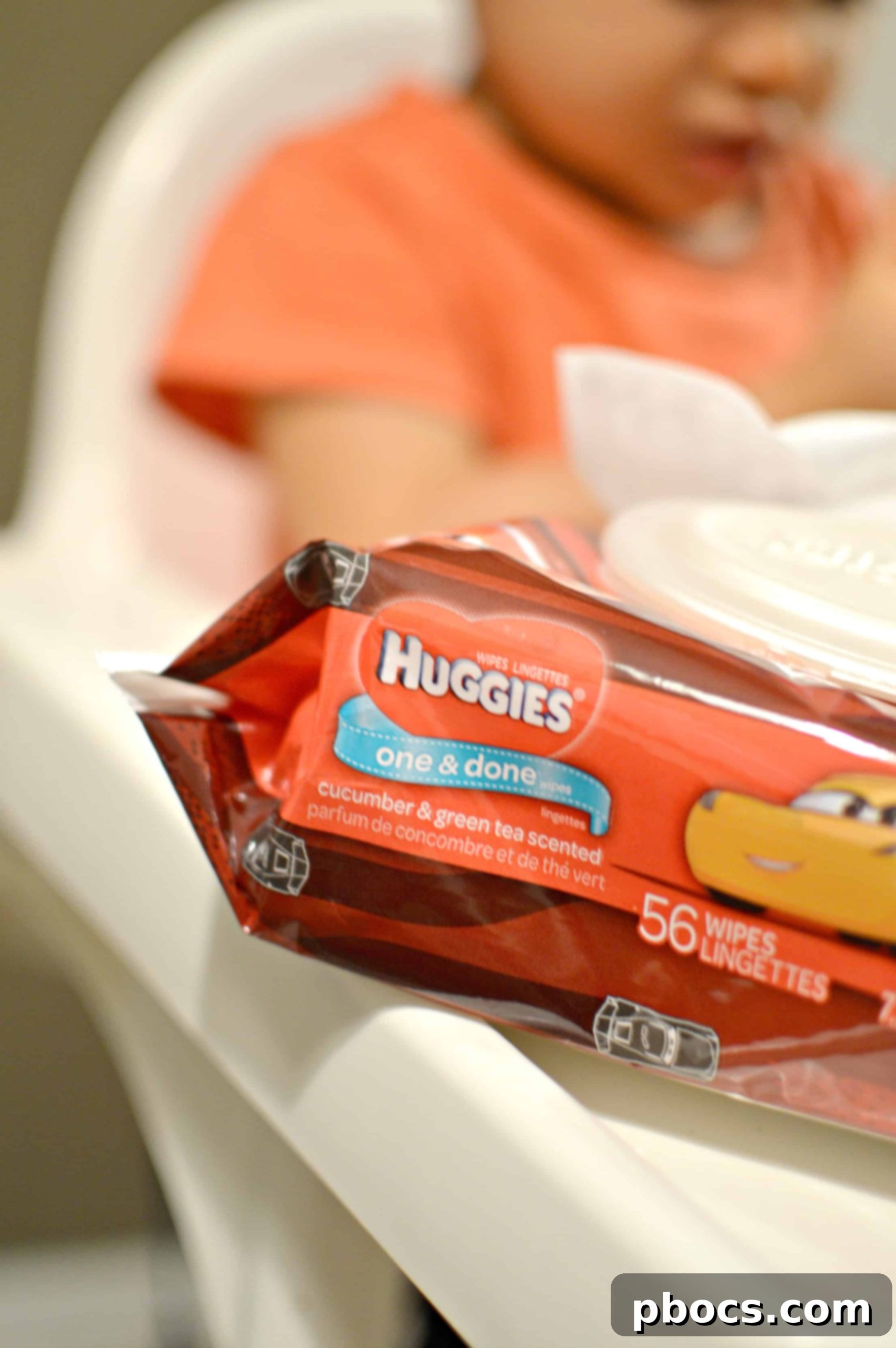 Close-up of Huggies One & Done Refreshing Wipes, highlighting their effectiveness for messy toddlers.