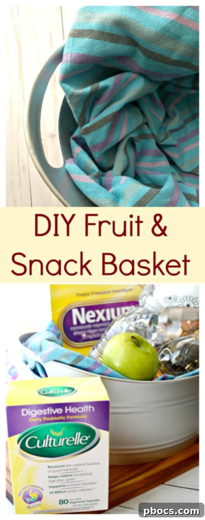 Completed DIY Fruit & Snack Basket on a Countertop