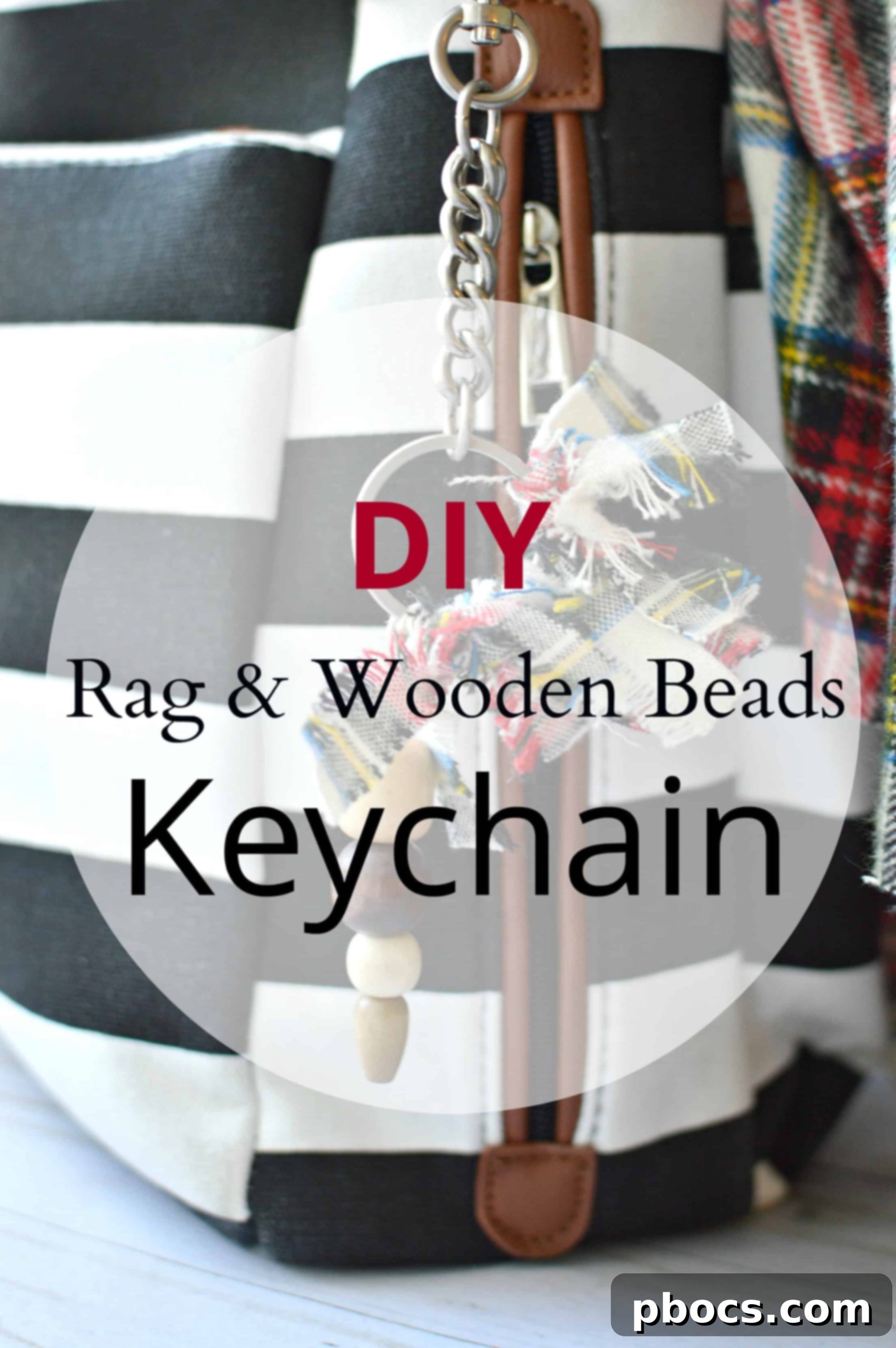 Woman holding a DIY rag and wooden bead keychain, symbolizing preparedness and creativity.