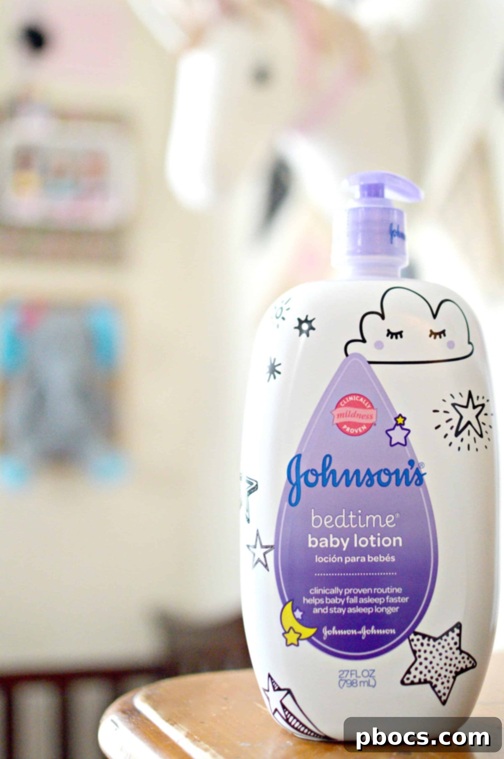 Johnson's Baby Bedtime Lotion and Bath products displayed in a nursery