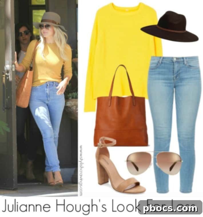 Get Julianne Hough's Style for Less! 3 A styled alternative of Julianne Hough's look, featuring a yellow sweater, jeans, a black blazer, and brown booties, creating a polished casual outfit.