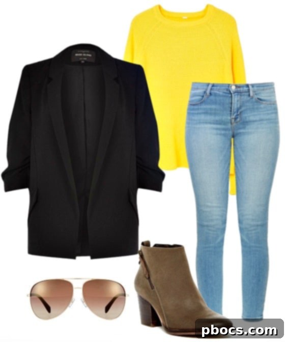 Get Julianne Hough's Style for Less! 4 A second styled alternative of Julianne Hough's look, featuring a yellow sweater, a maxi skirt, and a denim jacket, creating a bohemian-inspired outfit.