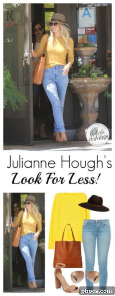 Get Julianne Hough's Style for Less! 6 Close-up detail of Julianne Hough's fall outfit, highlighting the texture of the yellow sweater and the details of her accessories.