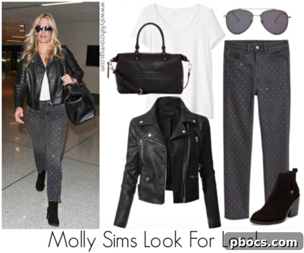 Molly Sims inspired rhinestone jeans outfit with leather jacket