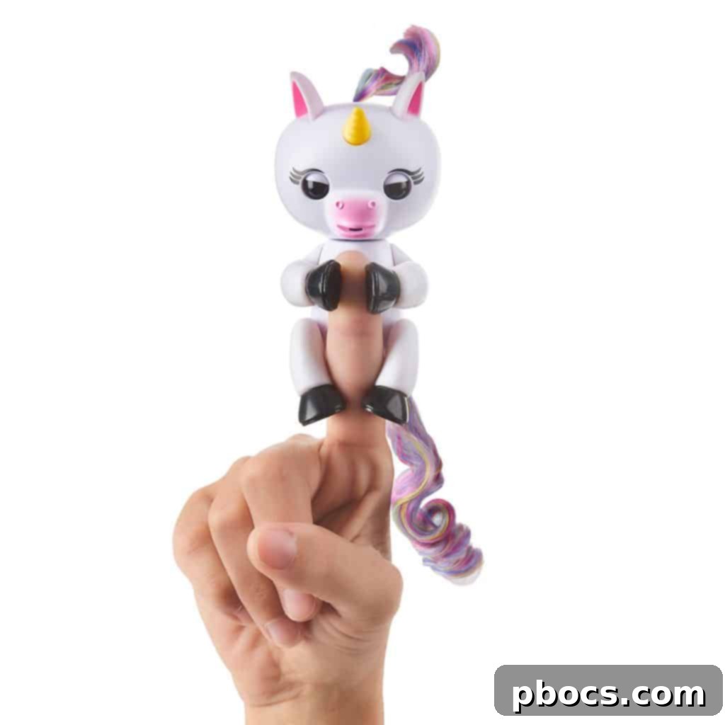 Close-up of Fingerlings Baby Unicorn Gigi's face with blinking eyes