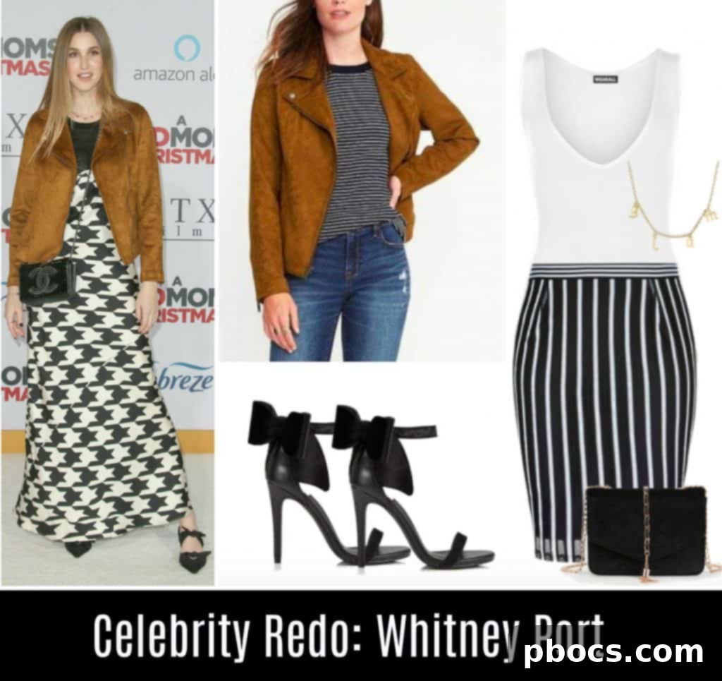 Our re-imagined styling of Whitney Port's Old Navy Moto Jacket with a striped skirt