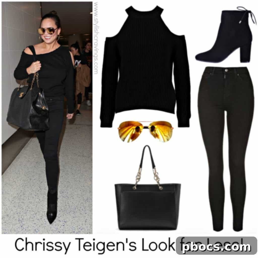 Chrissy Teigen inspired cold shoulder sweater outfit recreated with affordable pieces.