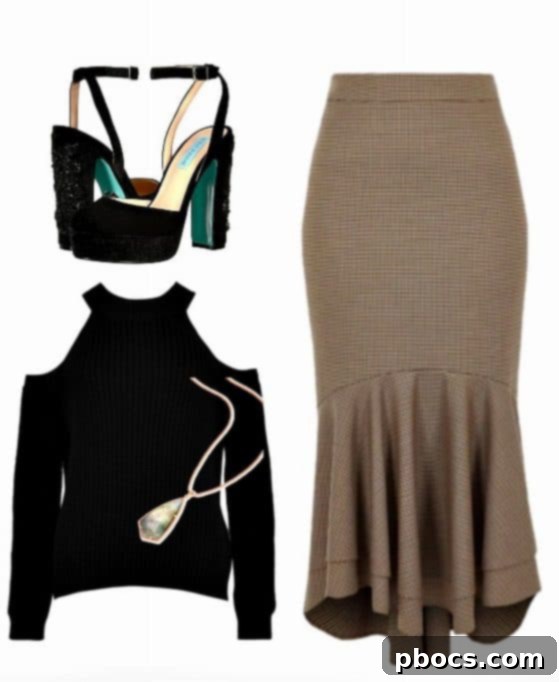 Transform your cold shoulder sweater for an evening look with a pencil skirt and platform heels.
