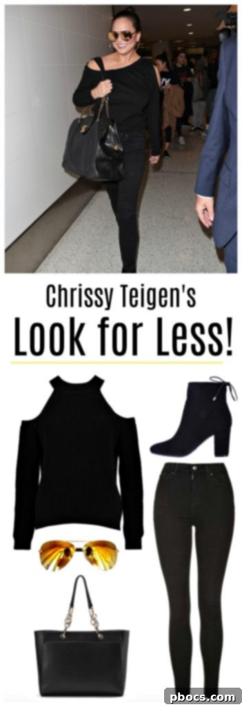 Pin this Chrissy Teigen inspired cold shoulder sweater look for less on Pinterest!