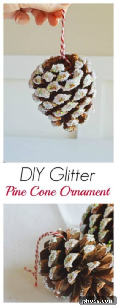 A festive red and white striped twine tied around a glitter pine cone, suitable for hanging on a Christmas tree.