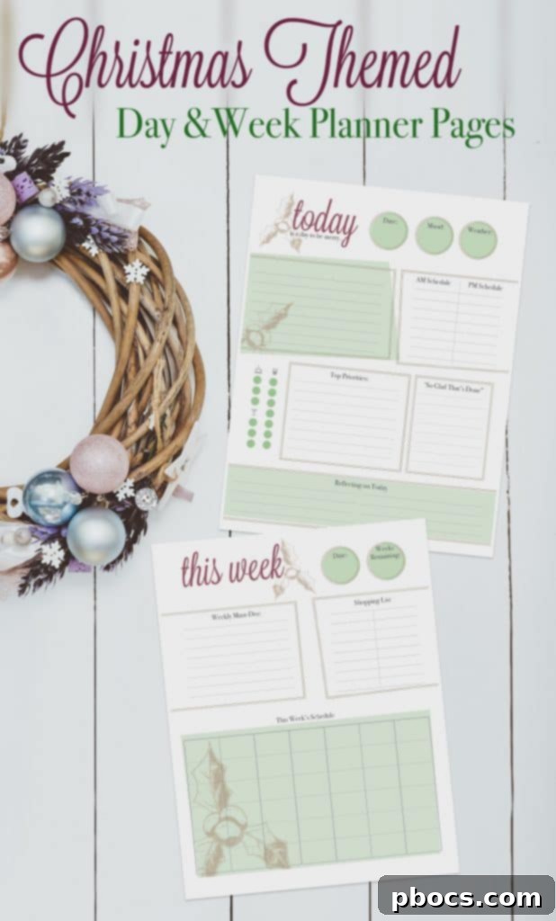 Detailed view of the Christmas weekly planner page, highlighting sections for weekly goals, shopping lists, and a full week's schedule.