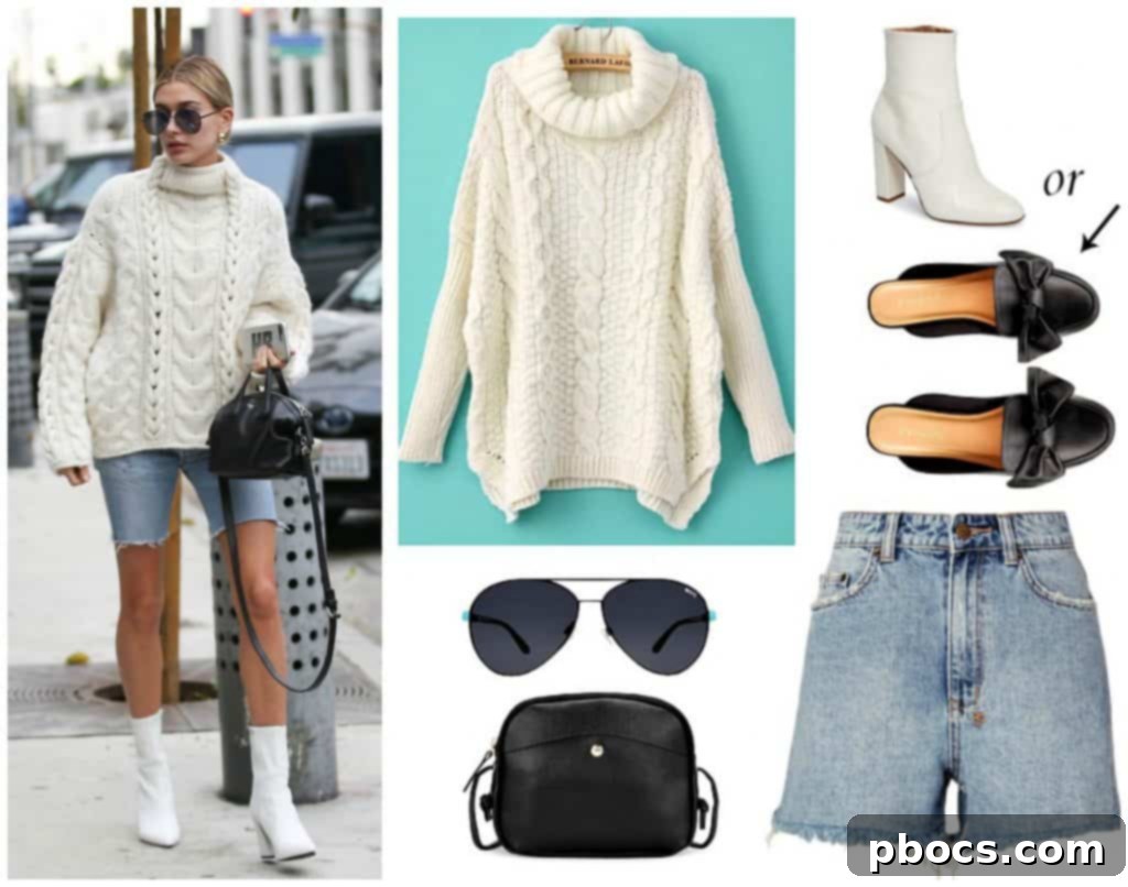 Dress Like Hailey Baldwin on a Budget 3 A recreation of Hailey Baldwin's casual outfit, featuring an oversized sweater, denim shorts, and stylish slides.