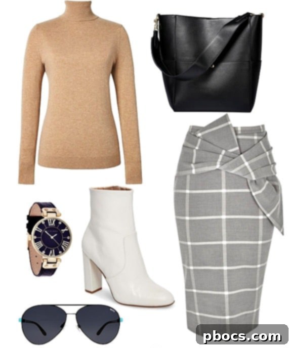 Dress Like Hailey Baldwin on a Budget 4 A re-imagined outfit featuring white boots styled with a chic skirt and sweater for a more feminine look.