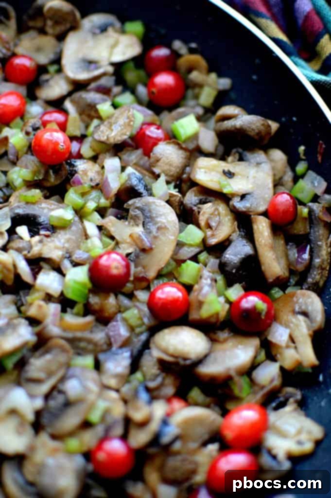 Close-up of freshly cooked Cranberry & Mushroom Quinoa Stuffing